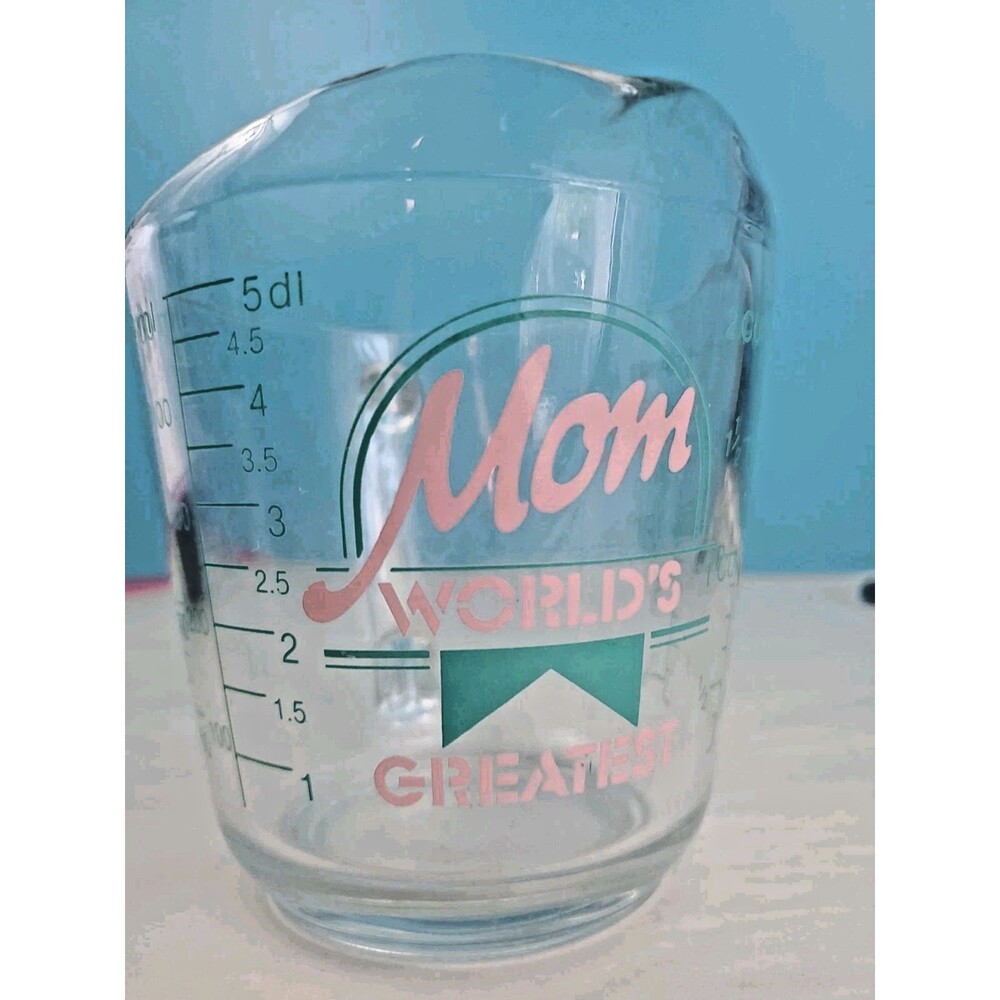 Vtg Anchor Hocking Glass Measuring Cup Worlds Greatest Mom 2 Cup Pink Teal USA